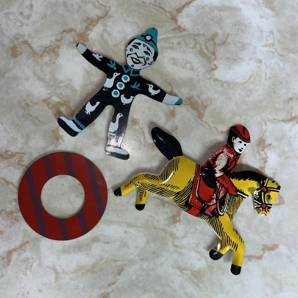 Set Of‎ 3 Tin Lithograph Cracker Jack Premium Prize Toy Horse Jockey Clown Ring